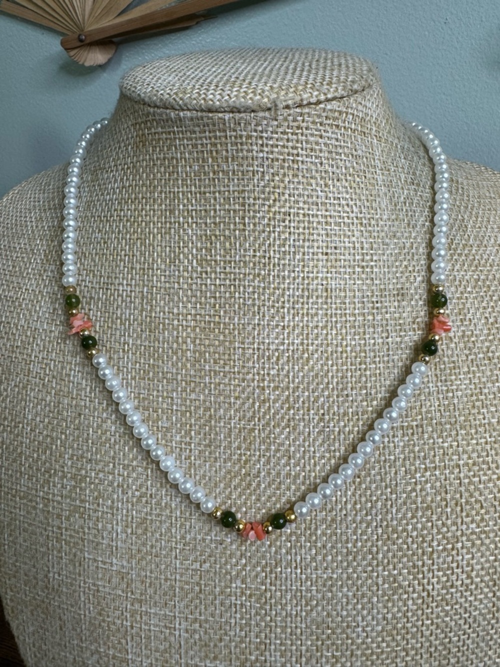 Vintage Pearl Necklace with Jade Green and Angel Skin Coral Chips